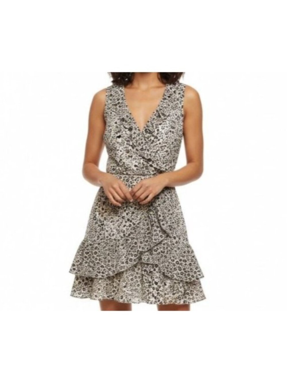 Parker Size S Beige Black Leopard Animal Print Sleeveless Ruffle Mini Wrap Dress